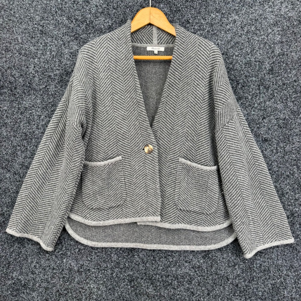 Madewell Merino Wool Herringbone Cardigan Sweater Grey Single Button Size M